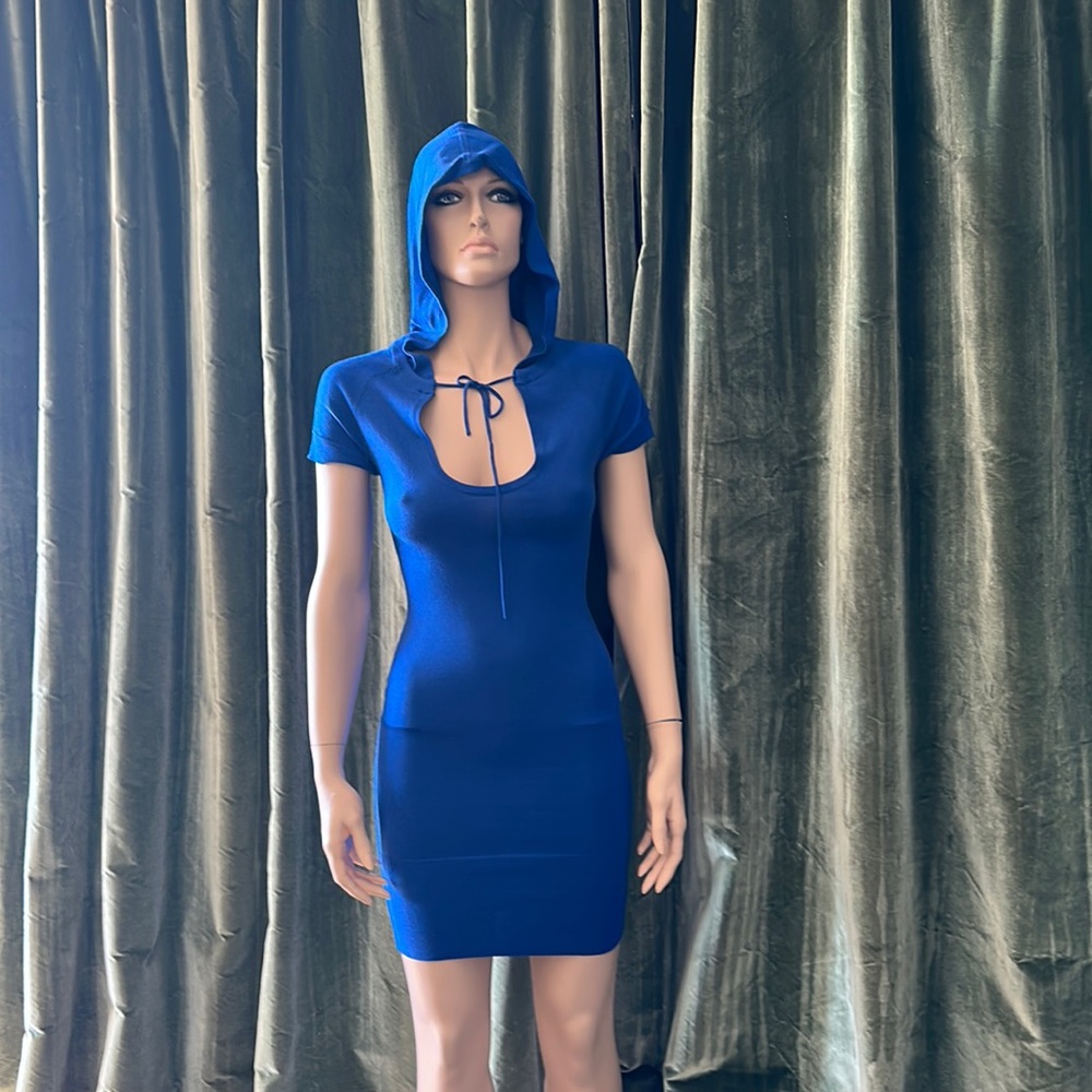 Knitted blue mini dress with attached hoodie.